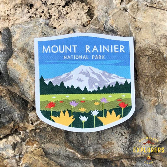 Mount Rainier National Park Patch for Backpack Denim Jacket Iron On Woven Decal Themed Hiker USA Mountain Nature Flower Travel Gifts for Her