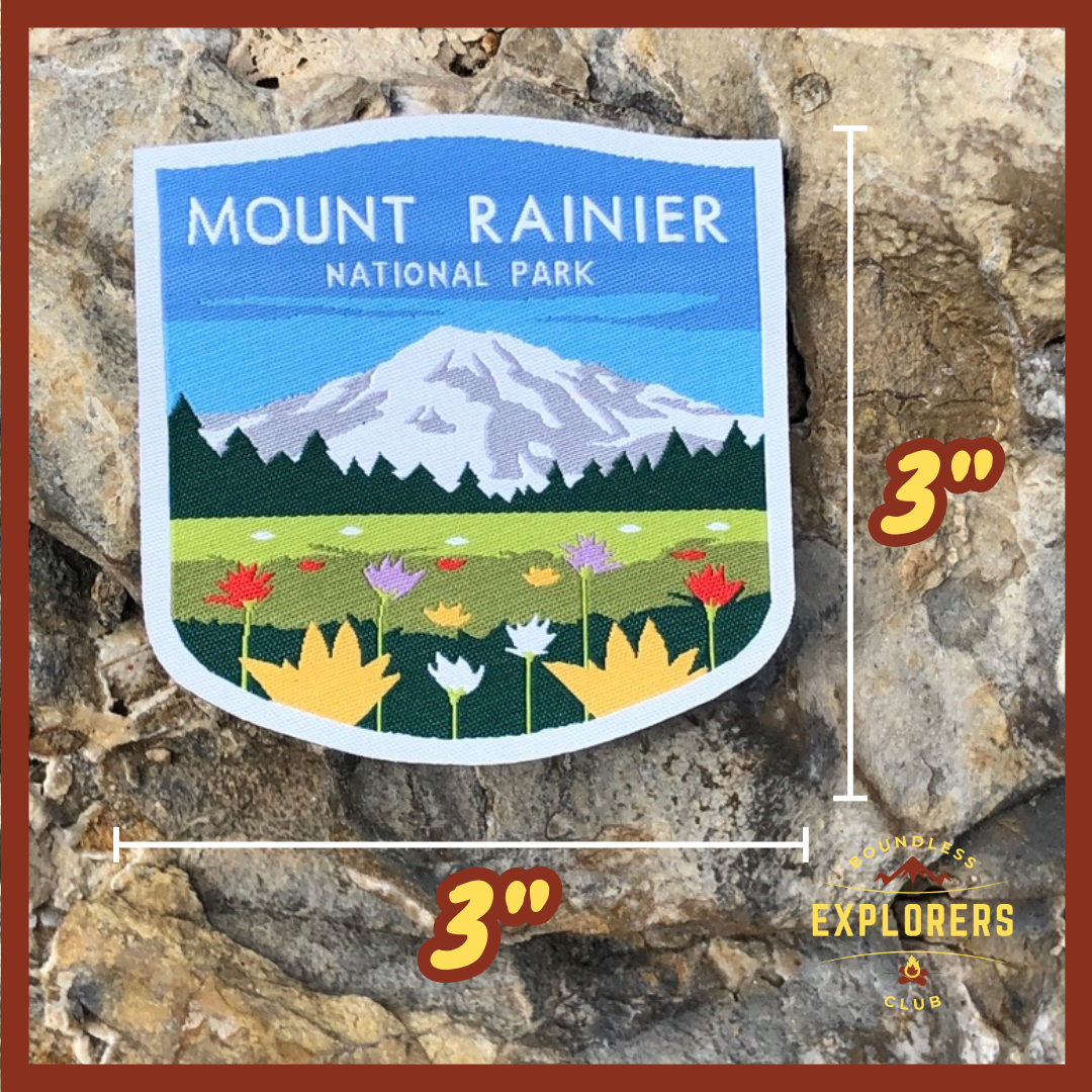 Mount Rainier National Park Patch for Backpack Denim Jacket Iron On Woven Decal Themed Hiker USA Mountain Nature Flower Travel Gifts for Her