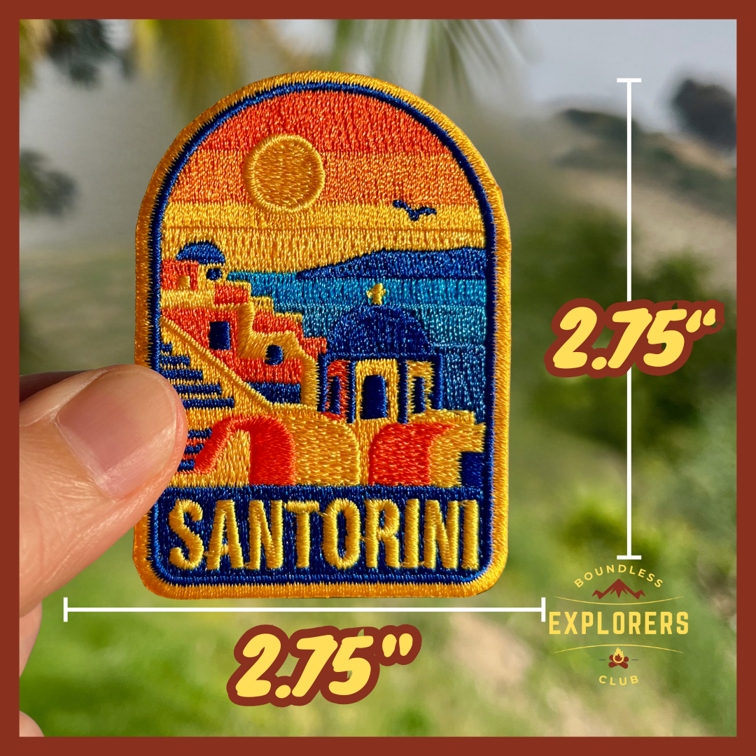 Santorini Greece Patch: 2.75-Inch Iron-On Embroidered Badge for Backpack, Jacket, Bag