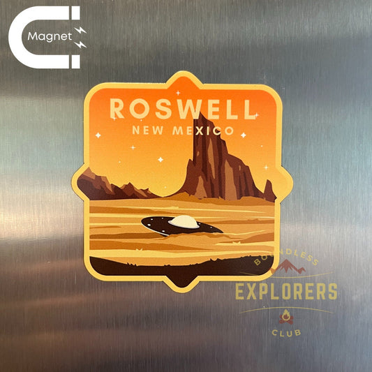 Roswell New Mexico Fridge Magnet for Refrigerator Themed Alien Area 51 UFO Travel Hiking Mountain Nature USA Vinyl Souvenir for Gift for Him