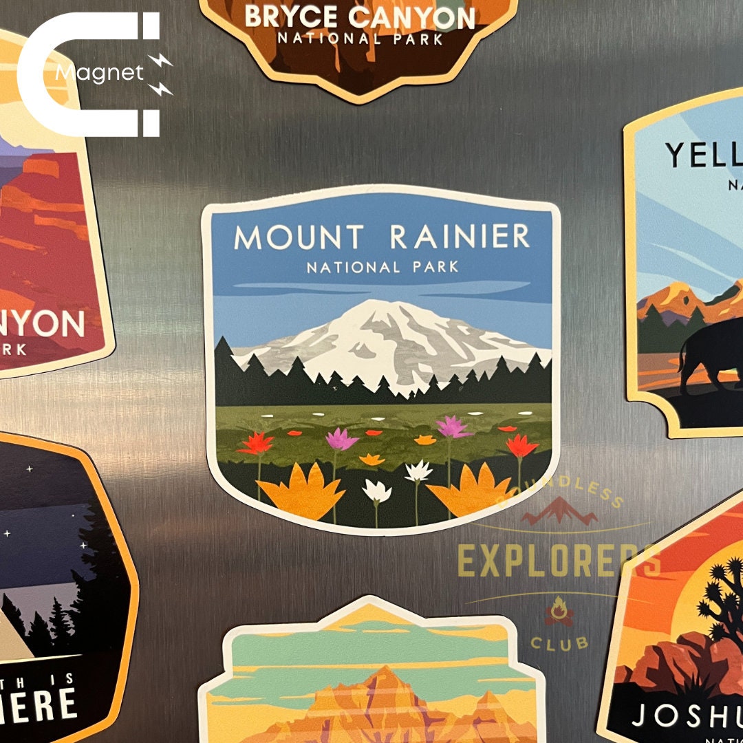 Mount Rainier National Park Fridge Magnet for Refrigerator Themed Hiker Traveler Hiking Mountain Nature USA Vinyl Souvenir for Gift for Her