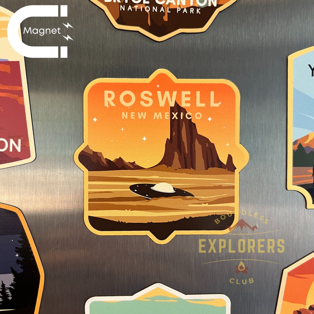 Roswell New Mexico Fridge Magnet for Refrigerator Themed Alien Area 51 UFO Travel Hiking Mountain Nature USA Vinyl Souvenir for Gift for Him