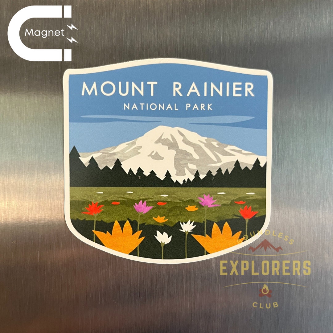 Mount Rainier National Park Fridge Magnet for Refrigerator Themed Hiker Traveler Hiking Mountain Nature USA Vinyl Souvenir for Gift for Her