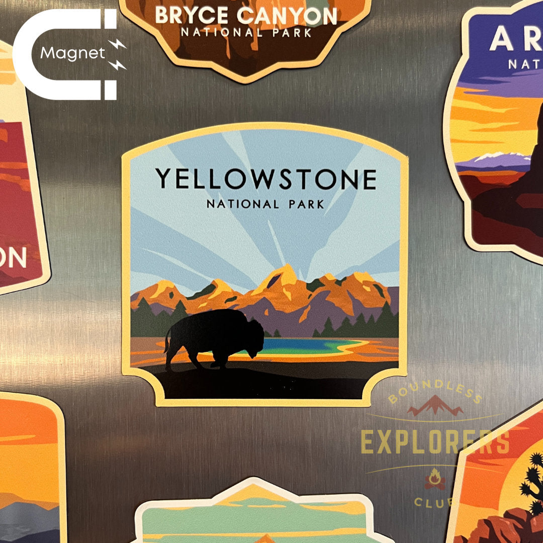 Yellowstone National Park Fridge Magnet for Refrigerator Themed USA Hiker Traveler Hiking Mountain Nature Vinyl Souvenir for Gift for Her